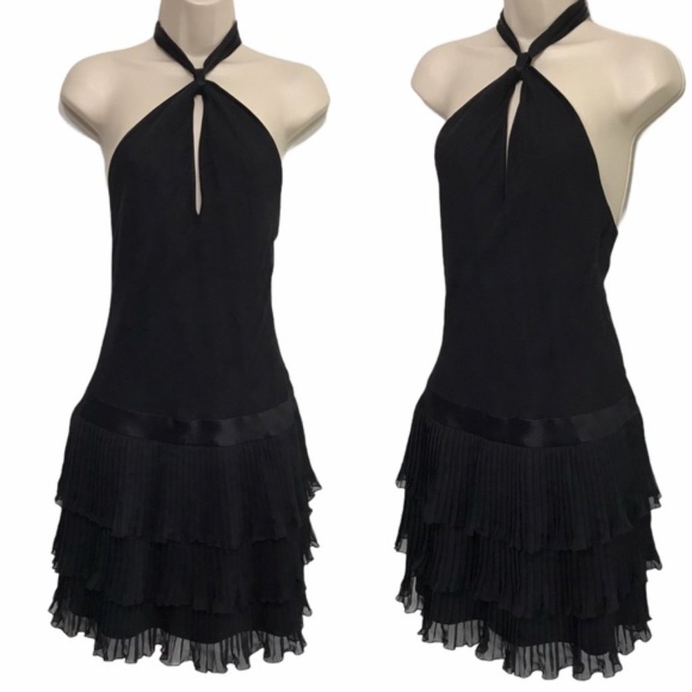 Milly Black Silk Halter Pleated Ruffle Dress
